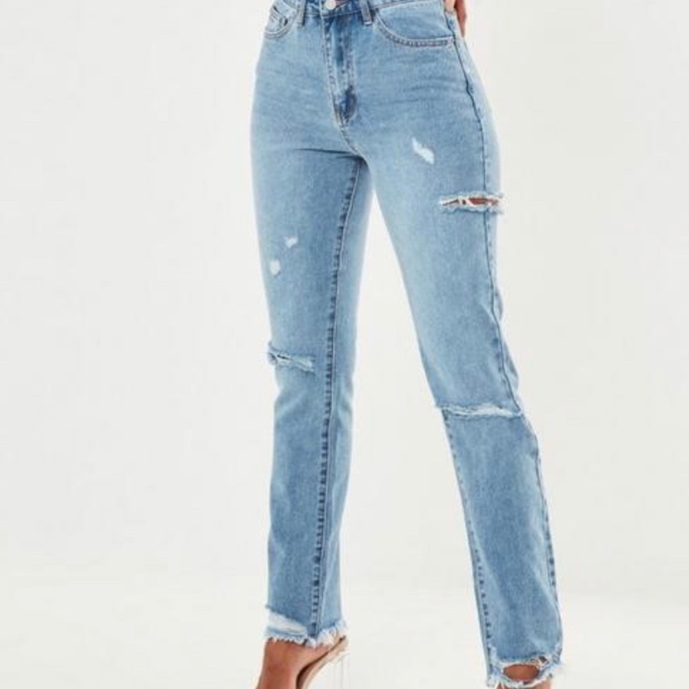 Blue High Waisted Distressed Straight Leg Jeans